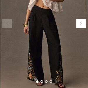 Ranna Gill Anthropologie Floral Embroidered Linen Pants Womens Size Medium NWT